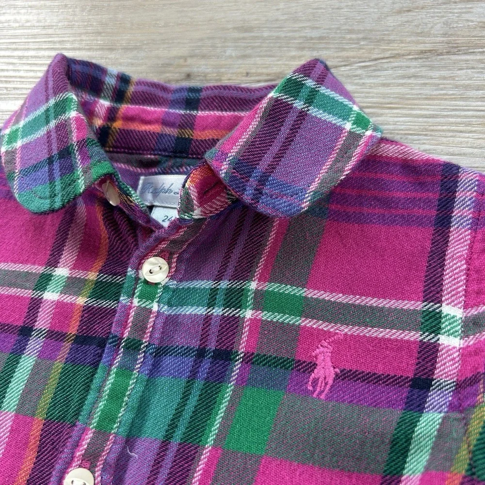 Ralph Lauren 24M Pink‎ Plaid Long Sleeve Shirt Dress Baby Girls Embroidered Pony